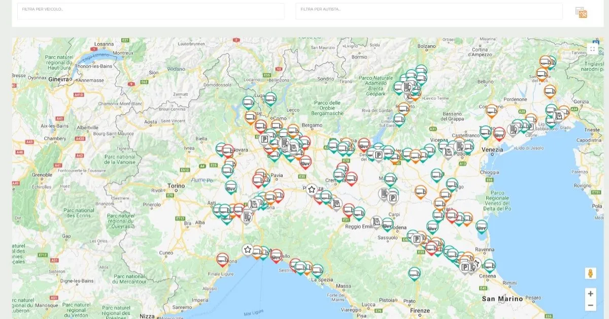 mappa del nord italia con localizzazione GPS dei mezzi aziendali