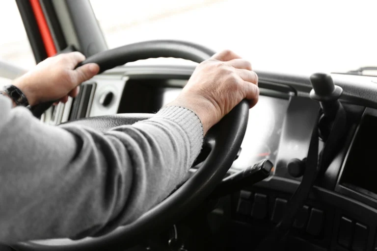 mani di driver posate in sicurezza sul volante di un mezzo pesante